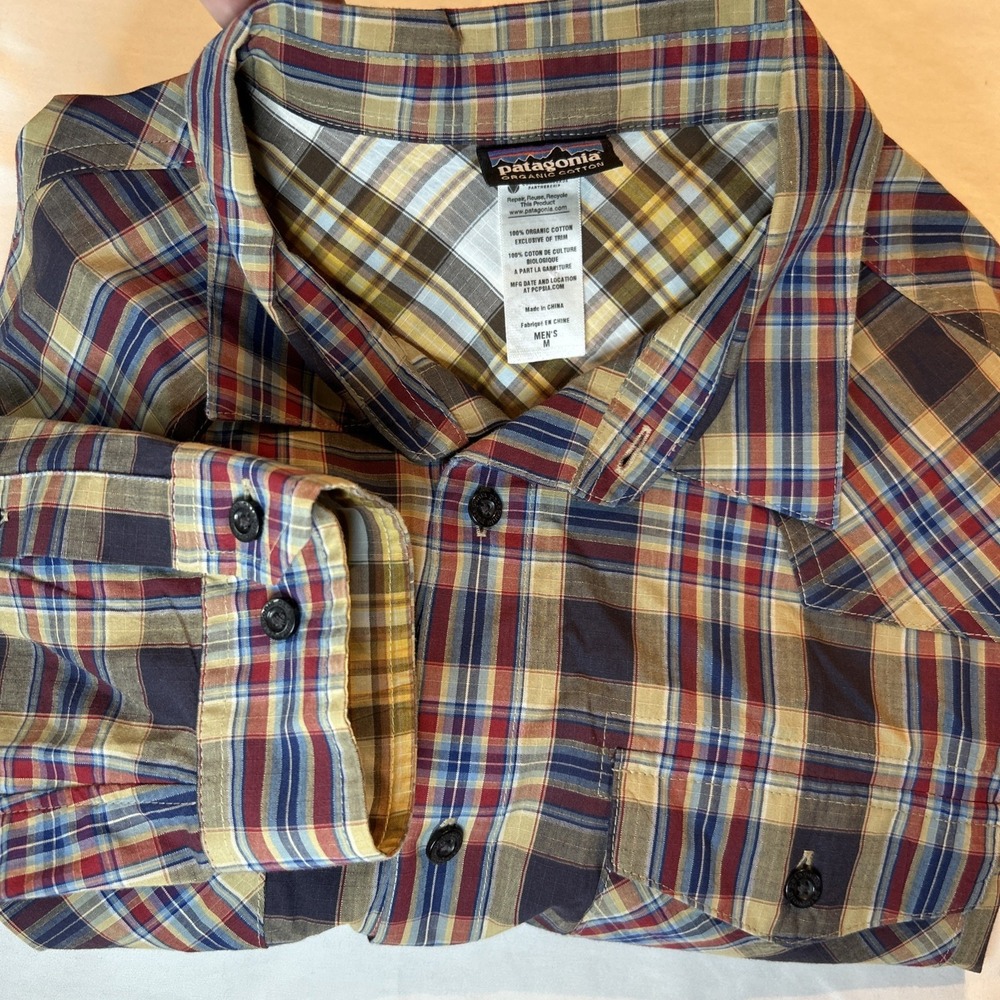 Patagonia Men's Shirt Sz Med Brown Blue Plaid Long Sleeved Button Western Hike - Picture 2 of 9